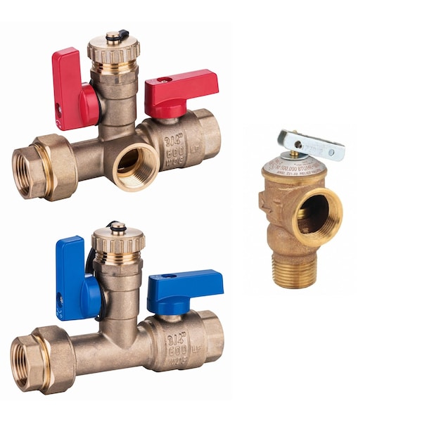 Ez-Fluid 3/4in FNPT Union x 3/4in FIP, Tankless Water Heater Service Valve Kit Cold & Hot EZTVF34 - main